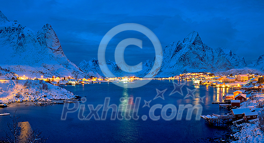 Reine village illuminated at night. Lofoten islands, Norway