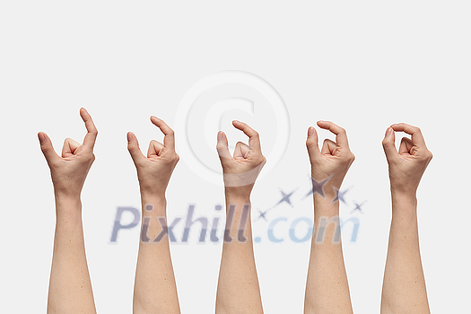 Set of invisible measuring of size with fingers multiple female hand isolated on white background. Soft grab action woman hands. Set of invisible measuring of size with fingers multiple female hand isolated on white background. Soft grab action woman hands.