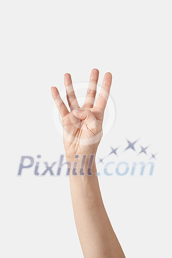 Inner palm count on fingers, female hand in vertical position with 4, four, fourth finger sticking out isolated on white background. Counting one to five fingers concept. Inner palm count on fingers, female hand in vertical position with 4, four, fourth finger sticking out isolated on white background. Counting one to five fingers concept.