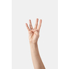 Inner palm count on fingers, female hand in vertical position with 4, four, fourth finger sticking out isolated on white background. Counting one to five fingers concept.