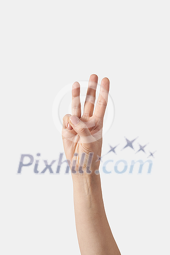 Inner palm count on fingers, male hand in vertical position with 3, three, third finger sticking out isolated on white background. W finger alphabet. Counting one to five fingers concept.