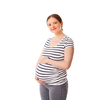 Pregnant smiling woman standing on yoga mat embracing her belly isolated on white background