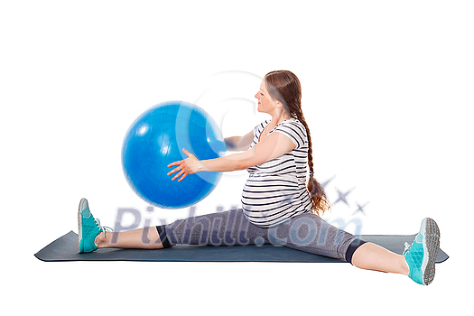 Pregnancy exercise concept - pregnant woman doing exercises with exercise ball isolated on white background Pregnancy exercise concept - pregnant woman doing exercises with exercise ball isolated on white background