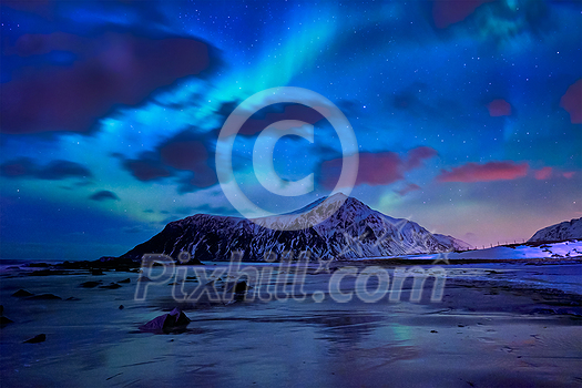 Aurora borealis northern lights on Skagsanden beach. Lofoten Islands, Norway Aurora borealis northern lights on Skagsanden beach. Lofoten Islands, Norway