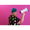 Funny plus size woman woman posing isolated on pink background studio portrait. People emotions lifestyle concept. Mock up copy space. Screaming in megaphone. High quality photo