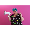 Funny plus size woman woman posing isolated on pink background studio portrait. People emotions lifestyle concept. Mock up copy space. Screaming in megaphone. High quality photo