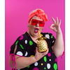 Overweight plus size female, fat women, Fat girl, Chubby, holding golden fruit ananas isolated on pink background - lifestyle Woman diet weight loss overweight problem concept. High quality photo