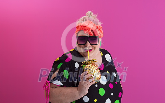 Overweight plus size female, fat women, Fat girl, Chubby, holding golden fruit ananas isolated on pink background - lifestyle Woman diet weight loss overweight problem concept. High quality photo Overweight plus size female, fat women, Fat girl, Chubby, holding golden fruit ananas isolated on pink background - lifestyle Woman diet weight loss overweight problem concept. High quality photo