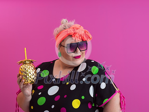 Overweight plus size female, fat women, Fat girl, Chubby, holding golden fruit ananas isolated on pink background - lifestyle Woman diet weight loss overweight problem concept. High quality photo Overweight plus size female, fat women, Fat girl, Chubby, holding golden fruit ananas isolated on pink background - lifestyle Woman diet weight loss overweight problem concept. High quality photo