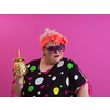 Overweight plus size female, fat women, Fat girl, Chubby, holding golden fruit ananas isolated on pink background - lifestyle Woman diet weight loss overweight problem concept. High quality photo