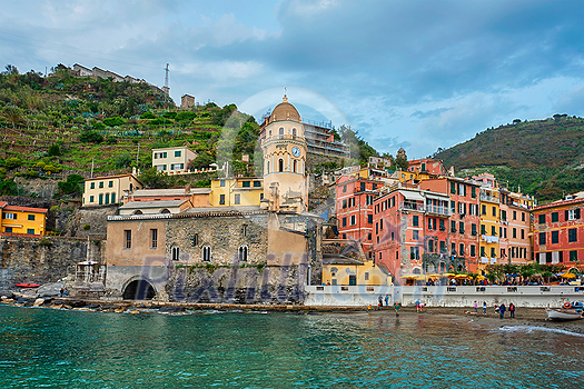 Vernazza village popular tourist destination in Cinque Terre National Park a UNESCO World Heritage Site, Liguria, Italy on sunset view from south Vernazza village popular tourist destination in Cinque Terre National Park a UNESCO World Heritage Site, Liguria, Italy on sunset view from south