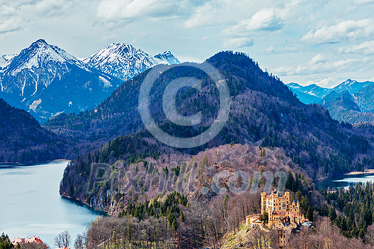Hohenschwangau Castle (Schloss Hohenschwangau), Alpsee and Schwansee - view from Neuschwanstein Castle. Bavaria, Germany
