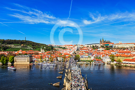 View of Mala Strana, Charles bridge and Prague castle from Old Town bridge tower over Vltava river. Prague, Czech Republic View of Mala Strana, Charles bridge and Prague castle from Old Town bridge tower over Vltava river. Prague, Czech Republic