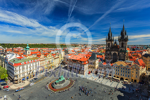 View of Stare Mesto Square (Old City Square) and Tyn Church (Tynsky Chram) from Town Hall. Prague, Czech Republic View of Stare Mesto Square (Old City Square) and Tyn Church (Tynsky Chram) from Town Hall. Prague, Czech Republic