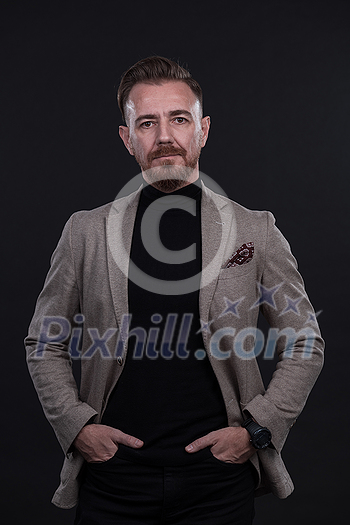 portrait of a stylish elegant businessman looking at camera in photo studio on dark background with hard light. High quality photo portrait of a stylish elegant businessman looking at camera in photo studio on dark background with hard light. High quality photo