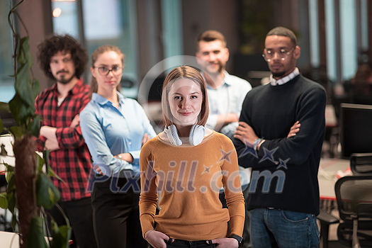 Portrait of a successful creative business team looking at camera and smiling. Diverse businesspeople standing together at startup. Selective focus. High-quality photo Portrait of a successful creative business team looking at camera and smiling. Diverse businesspeople standing together at startup. Selective focus. High-quality photo