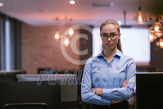 Portrait of freelancer standing in co-working space. Confident businesswoman looking at camera. High-quality photo Portrait of freelancer standing in co-working space. Confident businesswoman looking at camera. High-quality photo