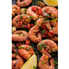 Large grilled BBQ shrimp with sweet chili sauce, green onion and lemon