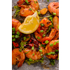 Large grilled BBQ shrimp with sweet chili sauce, green onion and lemon