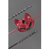 Sex set - leather cat mask and different black collars with sharp thorns and spines on a black background, copy space. Sexual attribute for erotic games. BDSM Sex and erotic playing concept.