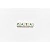 Data word formed of scrabble tiles on white background. Creative template with copy space.