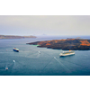 Cruise ships and tourist boats in sea. Greek isaldn Santorini, Greece. Toy camera tilt shift miniature effect