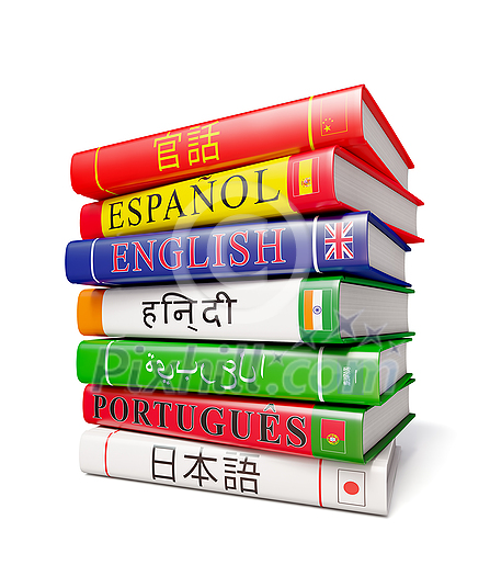 Foreign world languages study concept background - stack of dictionaries isolated on white background Foreign world languages study concept background - stack of dictionaries isolated on white background