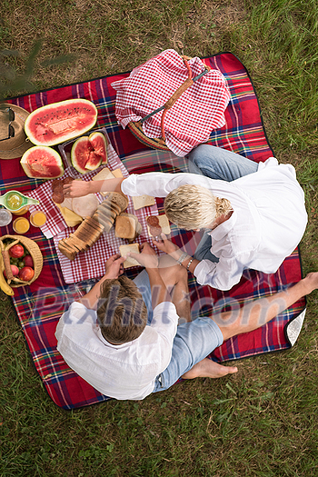 Couple in love enjoying picnic time drink and food in beautiful nature on the river bank top view Couple in love enjoying picnic time drink and food in beautiful nature on the river bank top view