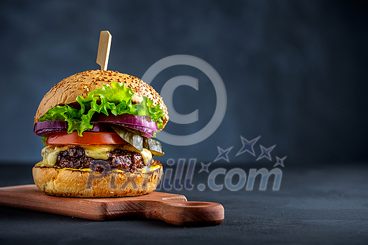 Tasty grilled beef burger with lettuce, cheese and onion served on cutting board on a black wooden table, with copyspace Tasty grilled beef burger with lettuce, cheese and onion served on cutting board on a black wooden table, with copyspace