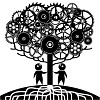 Vector image of a tree made of gears and two men shape