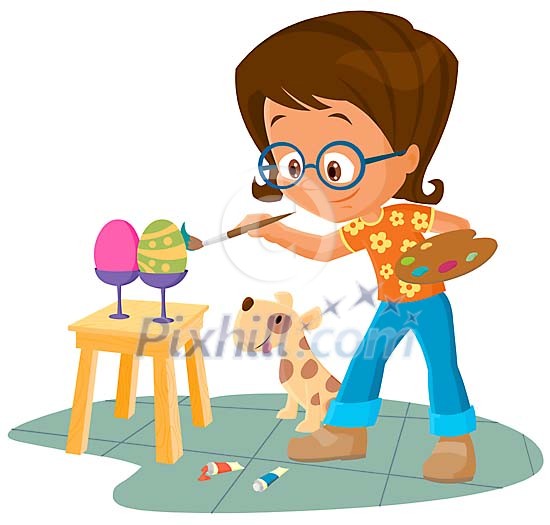Cute girl and her dog painting easter eggs Cute girl and her dog painting easter eggs